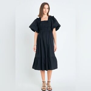 English Factory Women Black Ruffle Puff Sleeve Square Neck Midi Dress Size XS